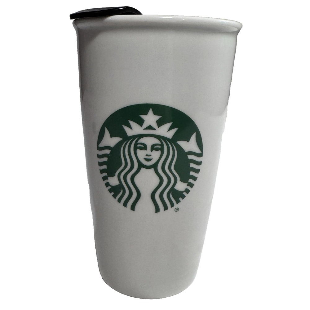 Starbucks Ceramic Travel Mug‎ White with Black Lid Logo Cup 2015 6 in Tall